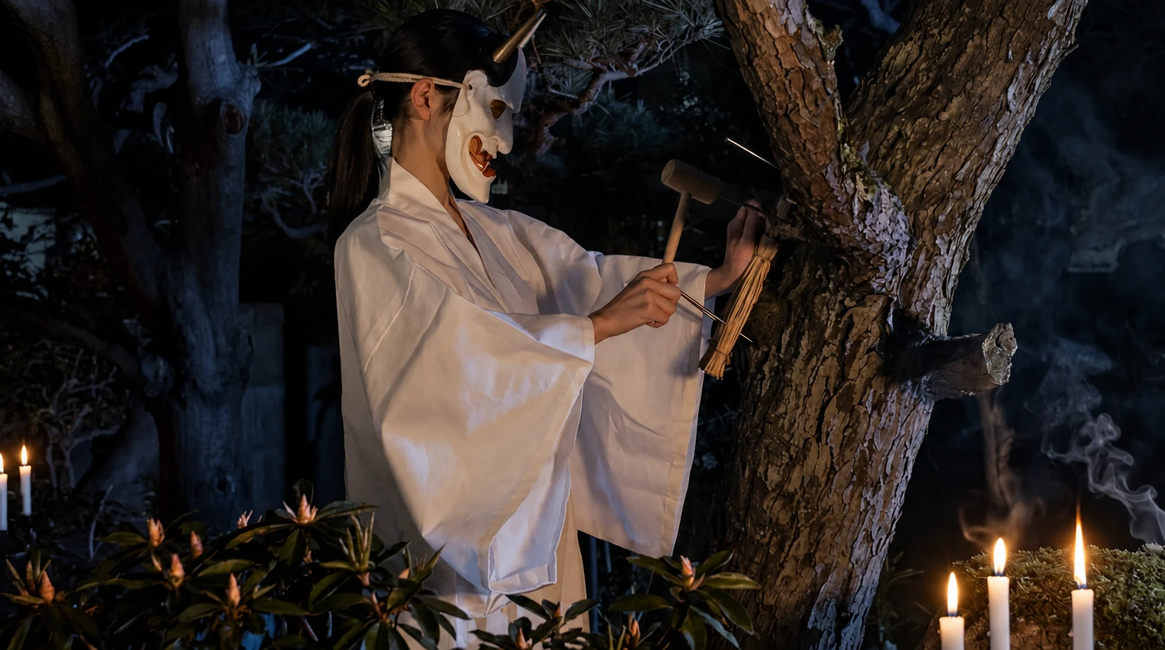 藁人形を用いた夜の丑の刻参りを表現した儀式風景